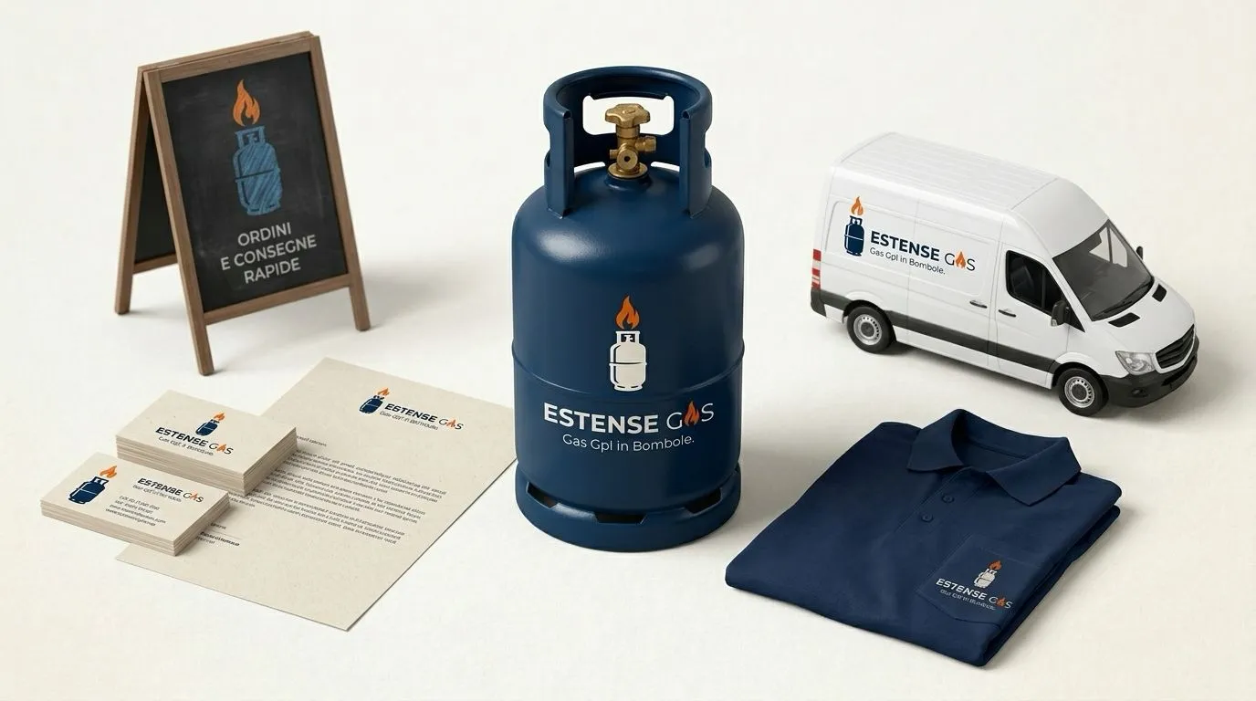 Estense Gas — sistema completo: bottiglia, veicolo, cartoleria, abbigliamento