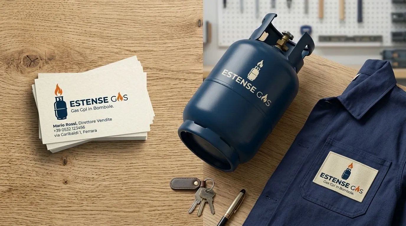 Estense Gas — applicazioni di brand su biglietti e divisa